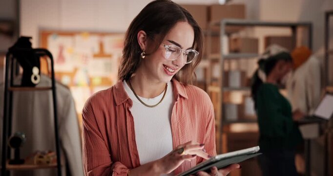 Ecommerce, tablet and smile with woman in warehouse for delivery confirmation, courier schedule and cargo. Shipping, distribution and digital inventory with person in factory for supplier invoice