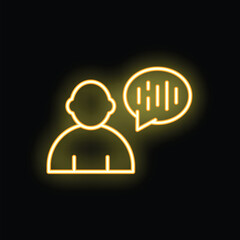 Yellow neon icon of person talking with speech bubble on black background