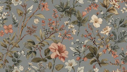 Picture of a tropical continuous design featuring vintage blossoms and greenery. Fabric print concept with repetitive natural floral elements including leaves and twigs. Background is gray.