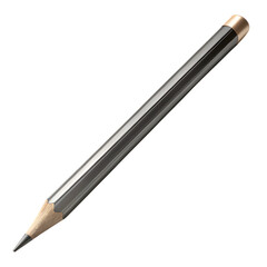 A sharpened graphite pencil with a metallic grey barrel and a brass ferrule on a black background writing instrument isolated on a transparent background
