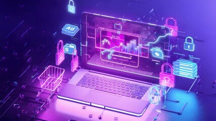 Digital laptop with holographic financial charts and cybersecurity locks showing online trading, e-commerce analytics, and data protection - Powered by Adobe