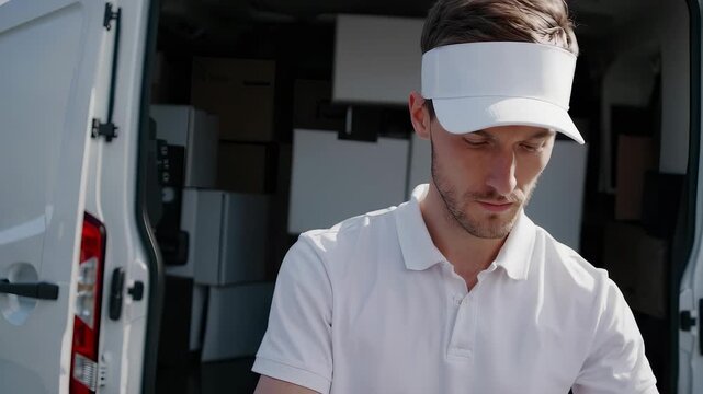 A man in a white shirt is preparing to load boxes into a van. The man stands next to the van, showcasing his readiness for the task of loading and organizing the boxes.