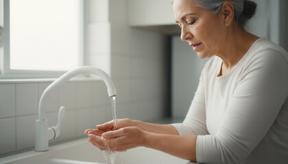 Senior woman washing her hands at a kitchen sink. Mature person practicing daily hygiene at home. Health, aging, and menopause concept