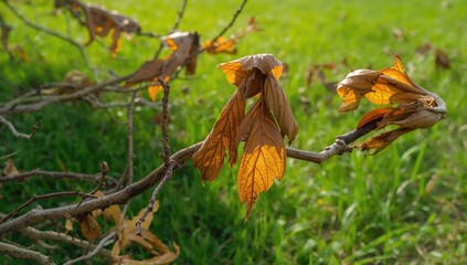 Broken branches and leaves indicating animal activity in a park, showcasing natural growth cycles
