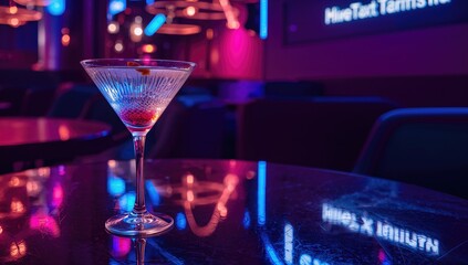Fresh martini on a table illuminated by neon lights, suitable for editorial header background