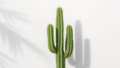 Large vibrant green cactus against a white wall casting shadows, ideal for editorial header background