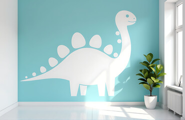 bright airy room filled bold whimsical white dinosaur design soft blue background abstract shapes
