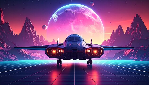 Futuristic aircraft sits on a neon runway, with a colossal planet and moons. Mountains and vibrant colors fill the space scene