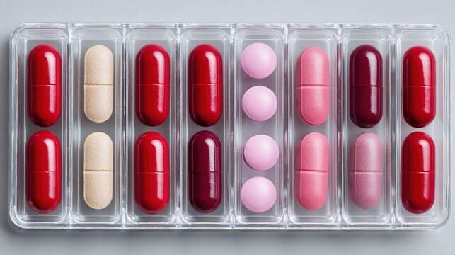 oligarchy. Pill organizer with tablets in sequence, clinical top view, geometric arrangement. STEM education sheets, lab safety posters, designed for biotech research communications.