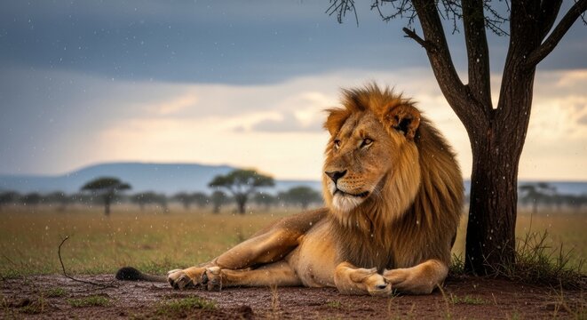 A majestic male lion rests under a tree in the rain on the African savanna. Wildlife portrait of a powerful big cat in its natural habitat. International animal rights day concept