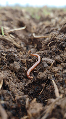 Fototapeta premium Earthworm crawling through rich garden soil, Close-up of worm in moist earth for composting and agriculture
