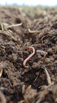 Earthworm crawling through rich garden soil, Close-up of worm in moist earth for composting and agriculture