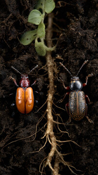 Two beetles near plant roots in soil, Close-up of garden pests damaging crop roots