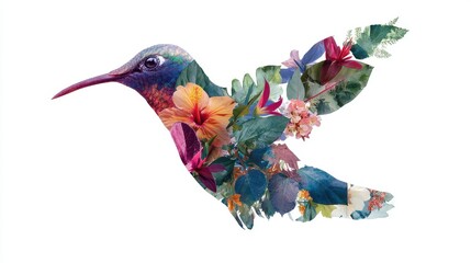 Vibrant Hummingbird Silhouette Filled with Colorful Tropical Flowers and Leaves