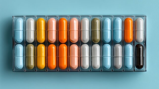 oligarchy. Pill organizer with tablets in sequence, clinical top view, geometric arrangement. STEM education sheets, lab safety posters, designed for biotech research communications.