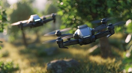 Two Modern Drones Flying Over Sunny Meadow