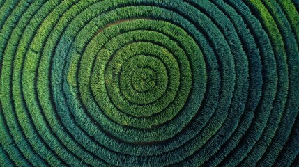 Aerial shot reveals concentric circles of lush green foliage, forming a spiraling pattern across the landscape. The color gradient adds depth