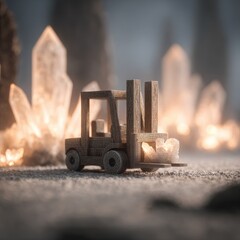 Miniature Wooden Forklift Among Glowing Crystals