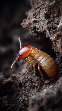 Termite crawling on decaying wood, Close-up of insect in soil tunnel