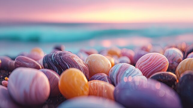 Colorful Pebbles On Beach At Sunset
