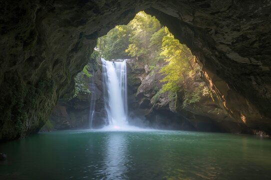 Water cascades through the Kameiwa cave, forming Nomizo Falls in a scenic location.