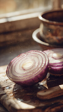 Sliced red onion on rustic wooden cutting board, Freshly cut purple onion with knife and warm kitchen light
