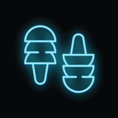 Neon icon of earplugs with different noise reduction levels, glowing blue against a dark background