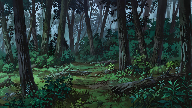 Dark anime forest background with eerie atmosphere, 2D game environment, haunting fantasy landscape - Powered by Adobe