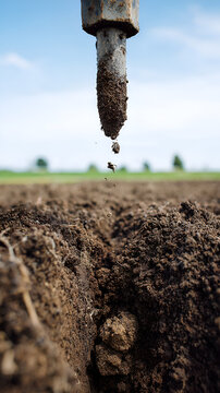 Soil core sample being extracted from farmland, Agricultural drilling tool collecting earth for analysis