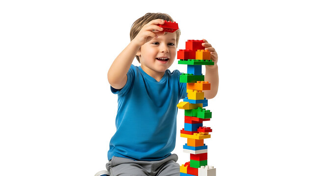 Young boy happily building a tall tower with colorful interlocking plastic blocks on a white background
