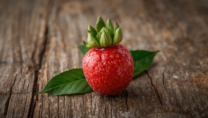 Litchi fruit with green leaf on rustic wood surface, isolated healthy food