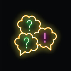 Neon speech bubbles are glowing on a black background, showing question marks and an exclamation mark