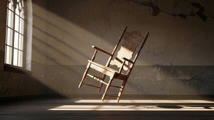 Wooden rocking chair in a sunlit room, with light beams through window, dust motes