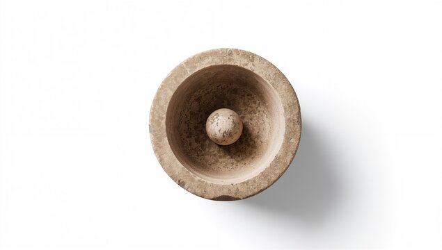 Overhead view of stone mortar isolated on white background