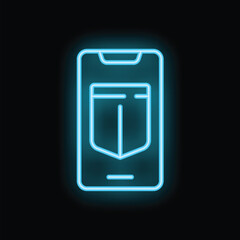 Neon blue smartphone displaying security shield icon on screen for mobile security concept