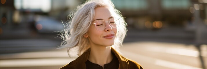 Blonde young caucasian female with glasses smiling outdoors in sunlit urban setting