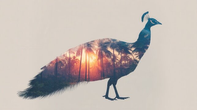 Serene Peacock Silhouette with Golden Palm Tree Sunset Double Exposure