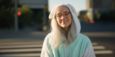 Fototapeta premium Young caucasian female in bunny costume smiling outdoors in urban environment