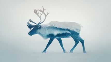 Reindeer Silhouette Walking Through Winter Mountain Forest Double Exposure