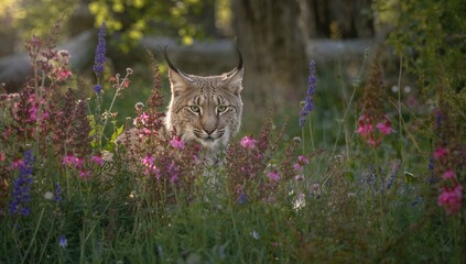 A striking wild cat camouflages amidst vibrant spring foliage
