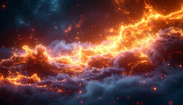 Glowing orange and yellow cosmic energy erupts across the sky, interacting with nebulous cloud structures, and sprinkling sparkles