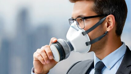 Man in a suit wearing a mask while thoughtfully adjusting it in a city landscape during the day - Powered by Adobe