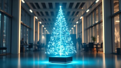 Glowing holographic Christmas tree stands on pedestal in modern office hallway with warm ambient lighting and blurred employees, used for corporate holiday branding, tech company campaigns.
