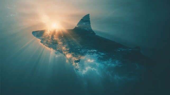 Majestic Shark Silhouette with Double Exposure of Sunlit Underwater Depths