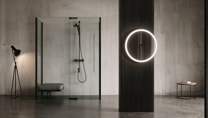 Contemporary loft bathroom featuring a rain shower and round LED-lit mirror, focus on modern design elements