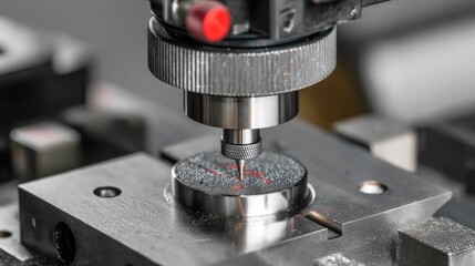 Close-up of a precision machine head drilling a circular metal piece, red markings visible. Precision work displayed
