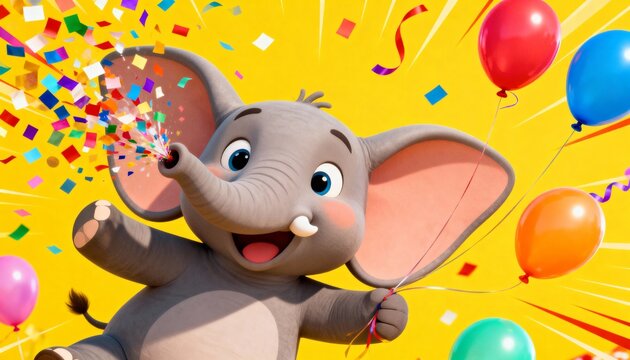 Joyful 3D elephant mascot celebrating a birthday or party with confetti explosion and colorful balloons on a vibrant yellow background.