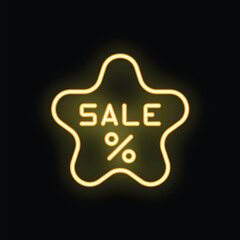 Bright yellow neon sign in the shape of a star is advertising a sale with a percentage symbol