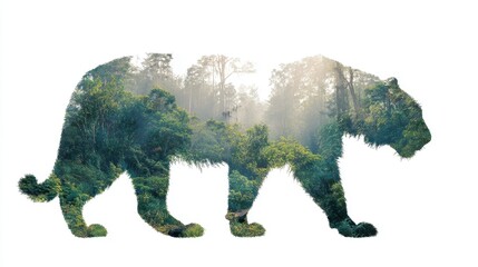 Majestic tiger silhouette filled with lush green jungle trees and bright sunlight.
