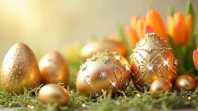 Decorated Golden Easter Eggs with Spring Tulips